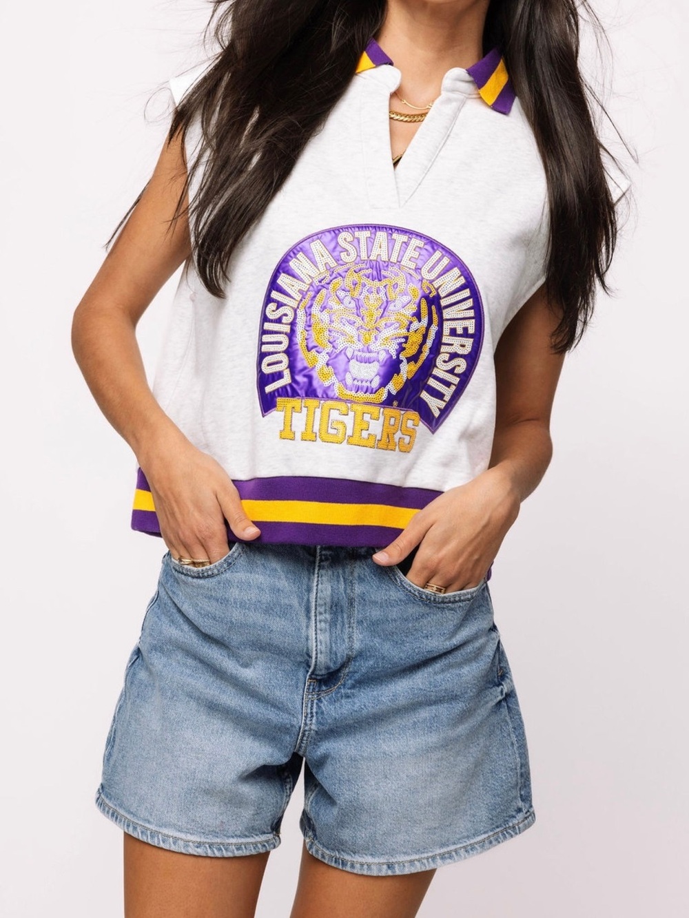 QUEEN OF SPARKLES White Sleeveless Polo Tank with Purple and Gold Trim